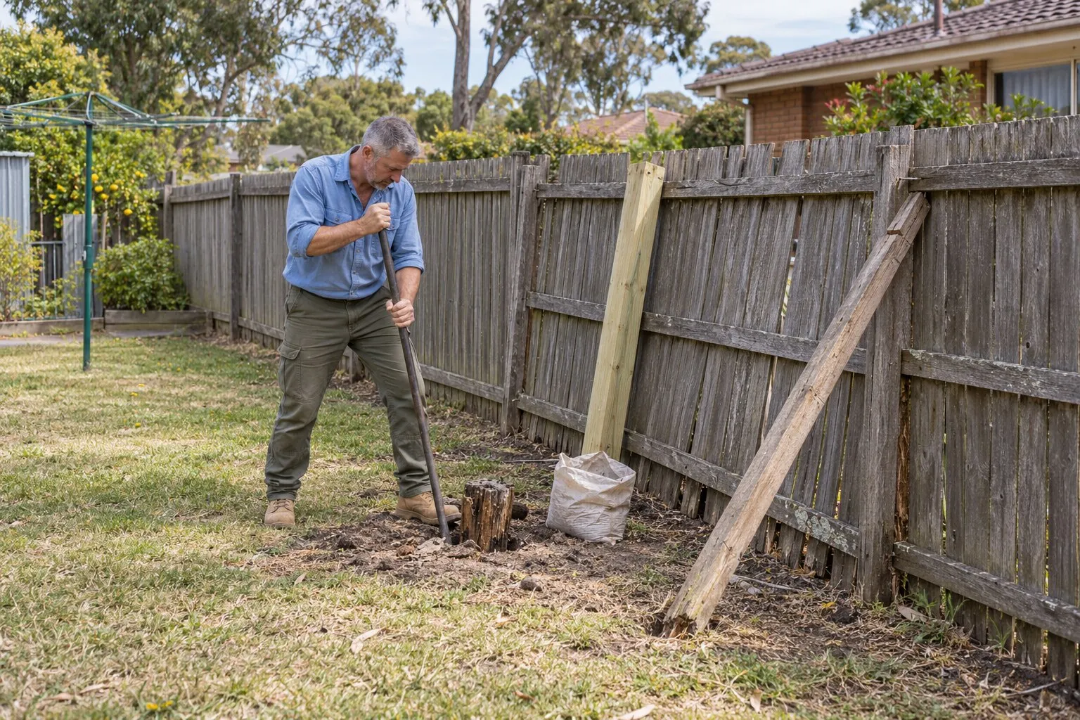 Fence repairs, Maitland: fencer digging out a rotten post footing beside a leaning timber paling fence