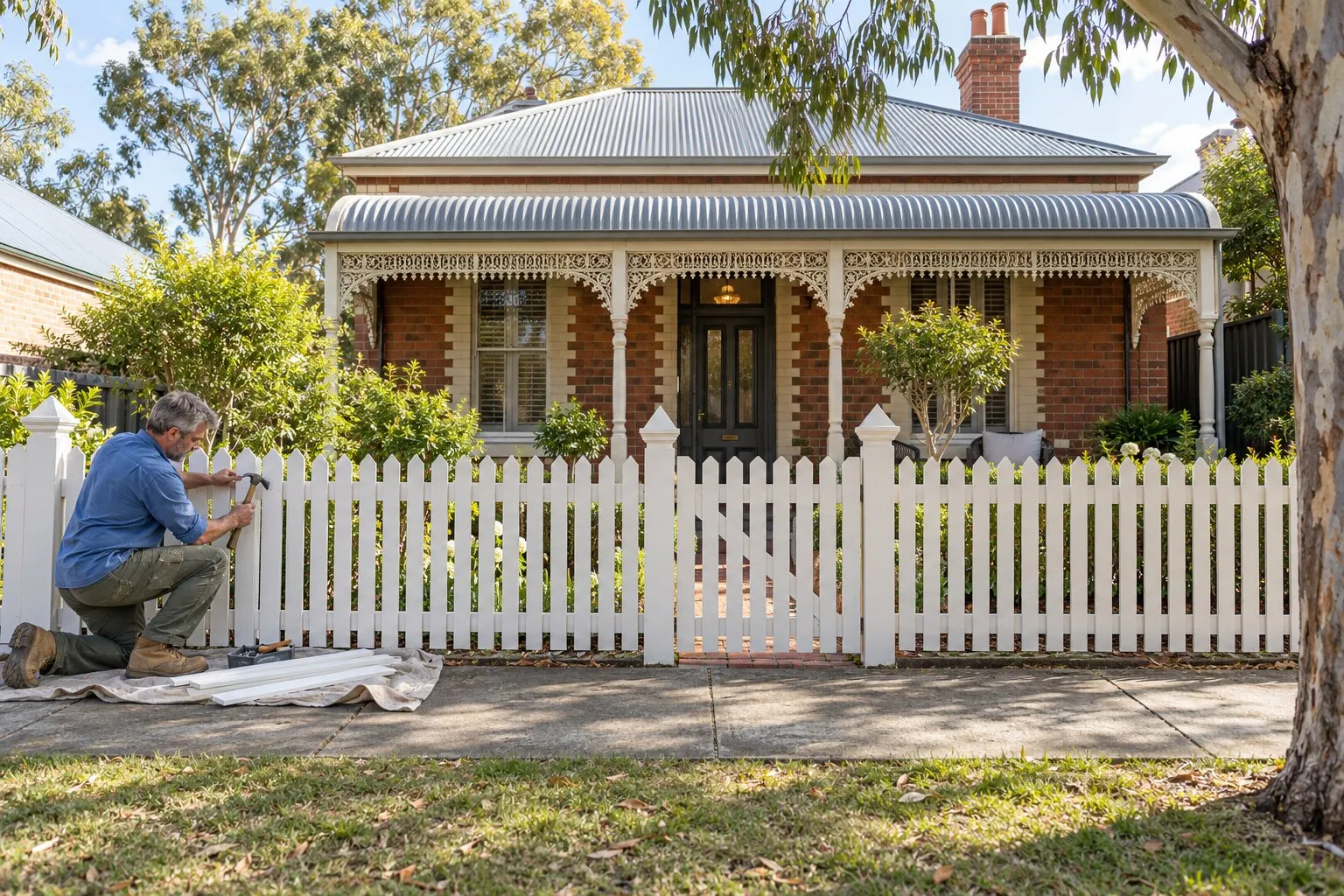 Front fences, Maitland: fencer fitting a picket to a new white timber front fence at a Victorian cottage