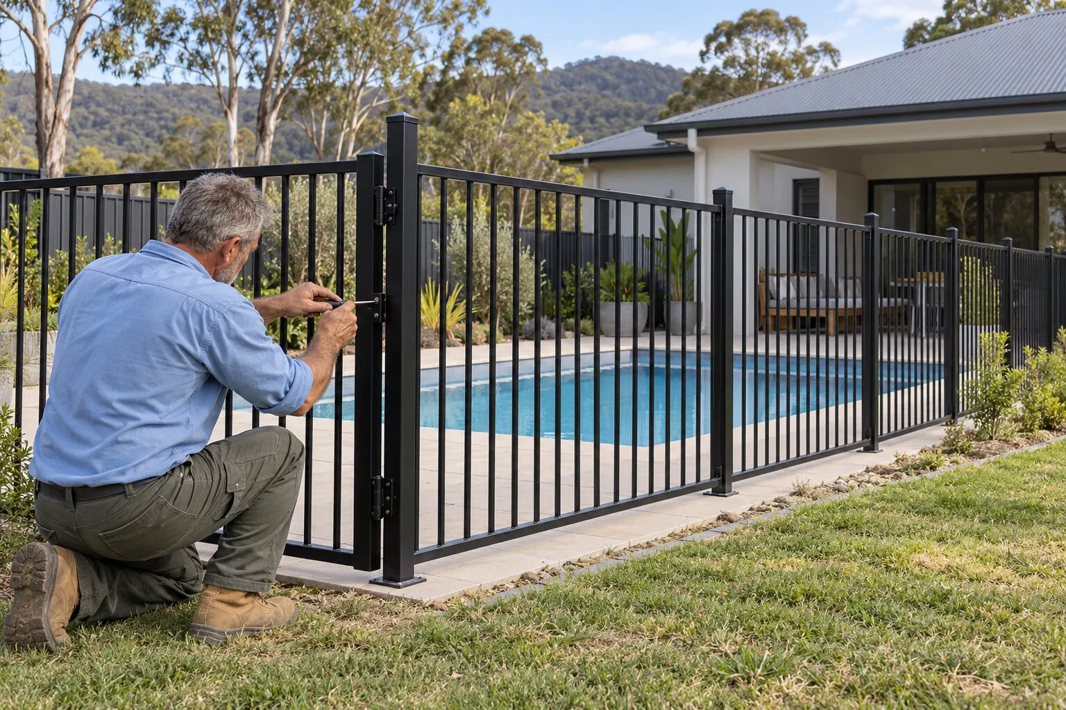 Pool fencing, Maitland: fencer adjusting the self-closing hinge on a black aluminium pool gate
